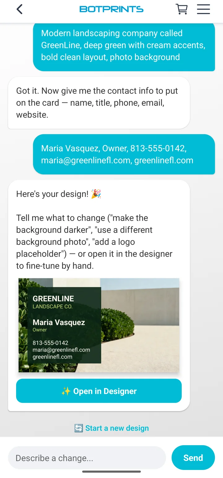 AI designer chat turning a short text prompt into a landscaping business card with a photo background