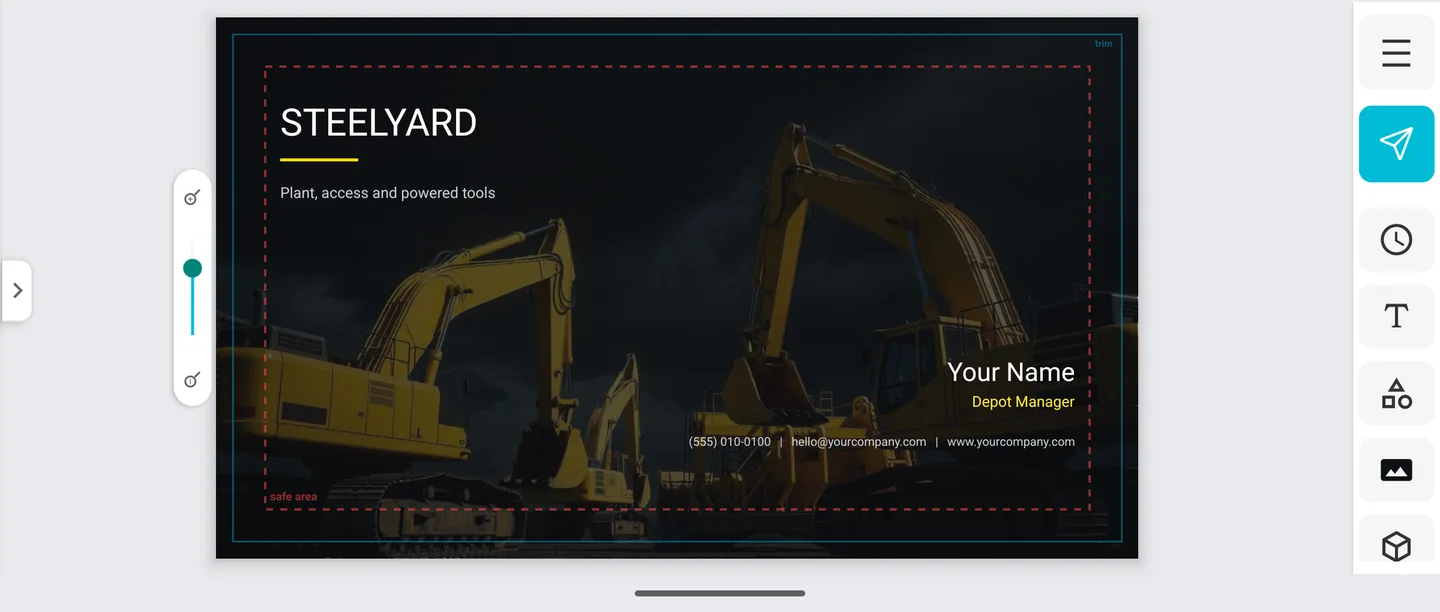 BotPrints editor showing an equipment-rental card with trim and safe-area guides