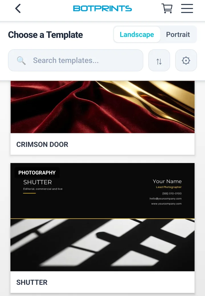 Template gallery showing photographic business card designs for different trades