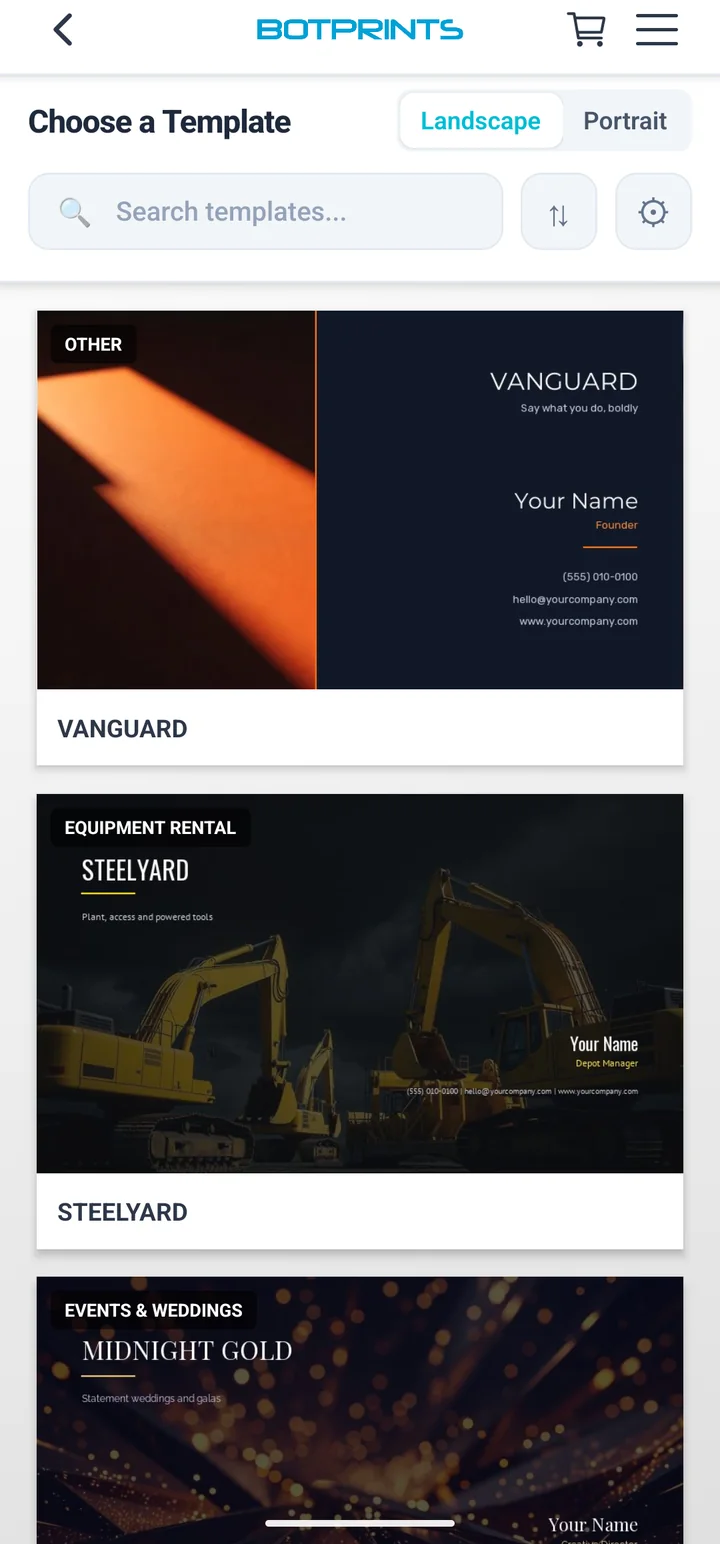 BotPrints template gallery showing professionally designed business cards to start from
